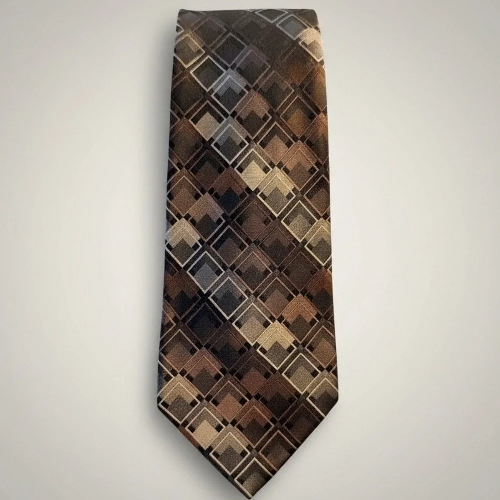 Bugatti 100% Silk Tie Brown Geometric Squares Classic Modern Necktie 58